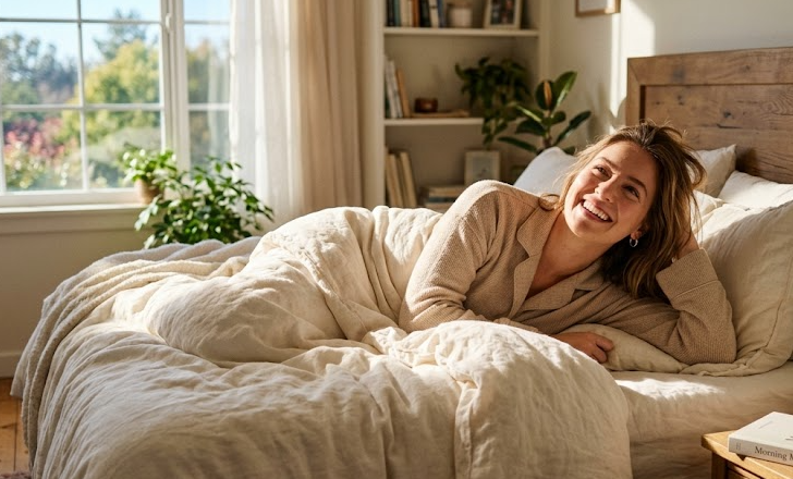 Reggeli természetes fény egy hálószobában, vidám ébredés a nap kezdetén